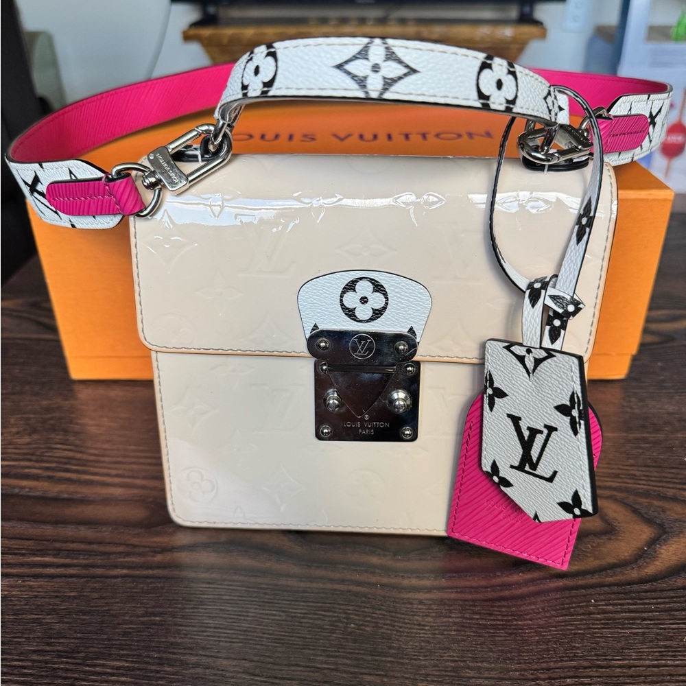 Louis Vuitton Cream & Pink Patent Leather Crossbody with Monogram Strap